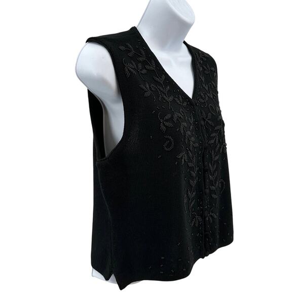 Liz Claiborne Vest WMNS SP Black Beaded Button Up V-Neck Wool Blend Waist Coat - Picture 2 of 6